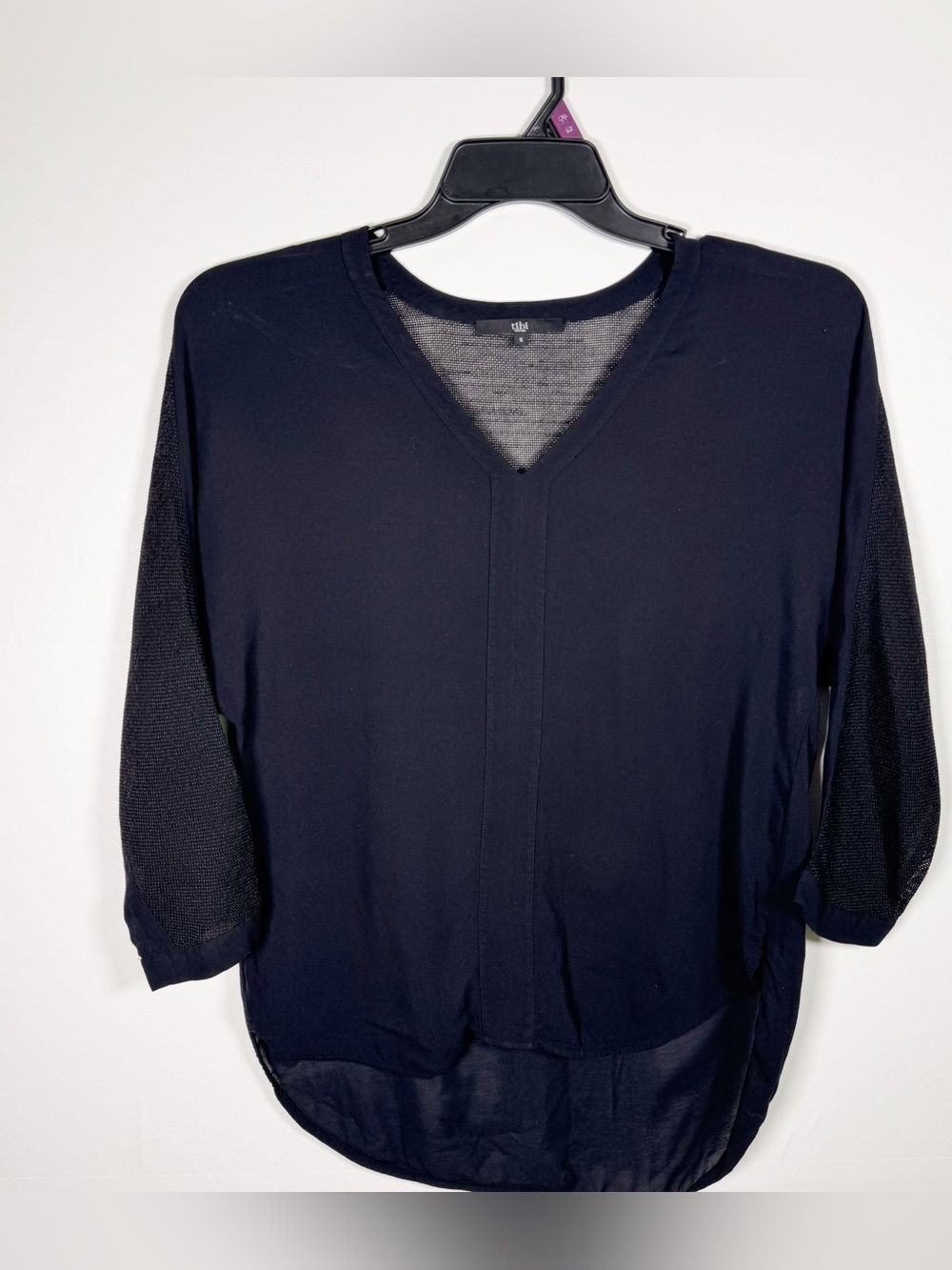 TIBI Long Black High Low V-Neck Blouse Mesh Yoke & Sleeves Sz S